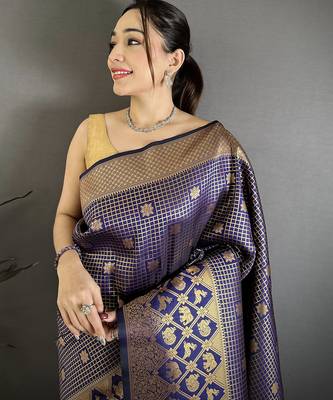 Women navy blue checked & floral motifs banarasi soft silk blend saree 3