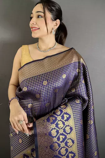 Women navy blue checked & floral motifs banarasi soft silk saree