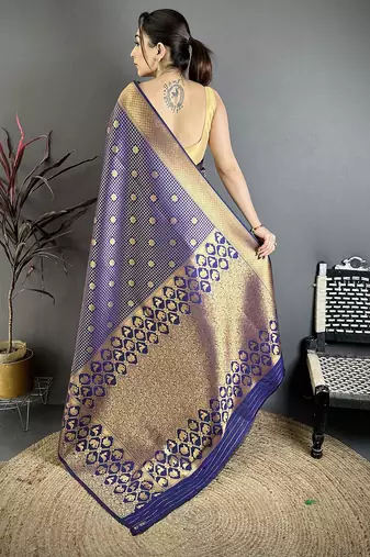 Women navy blue checked & floral motifs banarasi soft silk saree