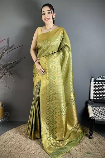 Women olive checked & floral motifs banarasi soft silk saree