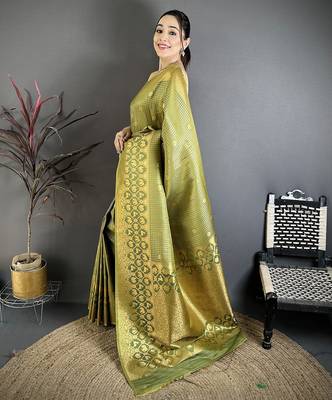 Women olive checked & floral motifs banarasi soft silk blend saree 2