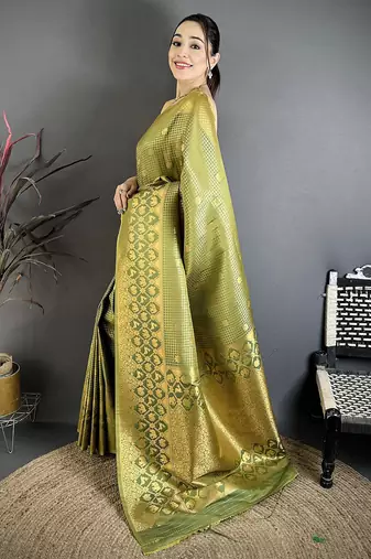 Women olive checked & floral motifs banarasi soft silk saree