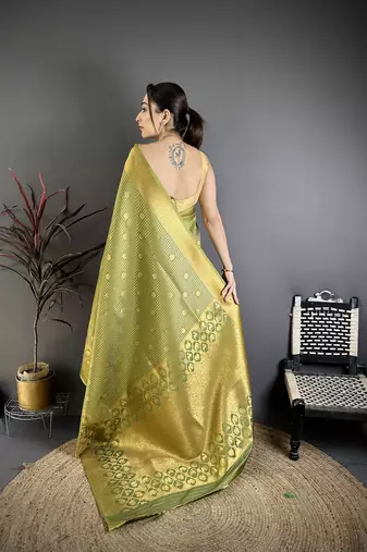 Women olive checked & floral motifs banarasi soft silk saree