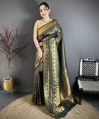 Women dark green checked & floral motifs banarasi soft silk blend saree 1