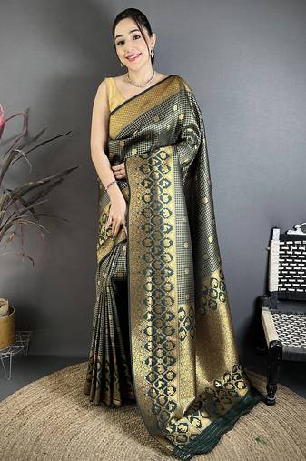 Women dark green checked & floral motifs banarasi soft silk saree