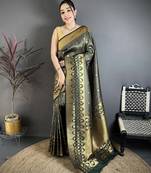 Women dark green checked & floral motifs banarasi soft silk saree