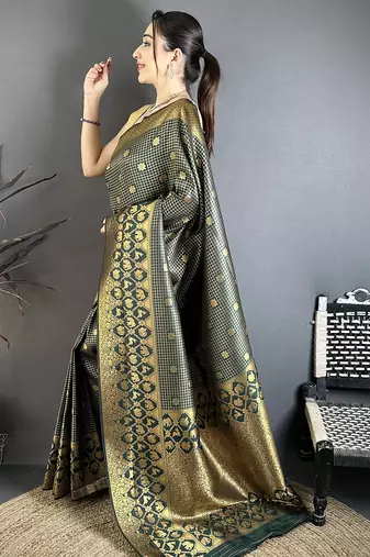 Women dark green checked & floral motifs banarasi soft silk saree