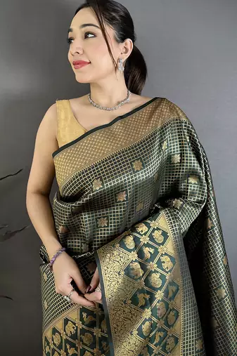 Women dark green checked & floral motifs banarasi soft silk saree