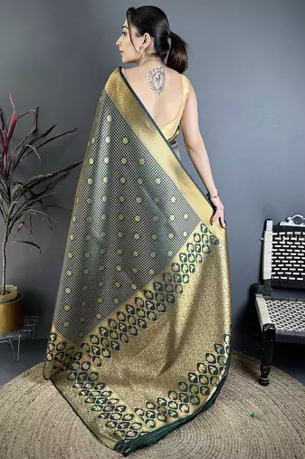 Women dark green checked & floral motifs banarasi soft silk saree