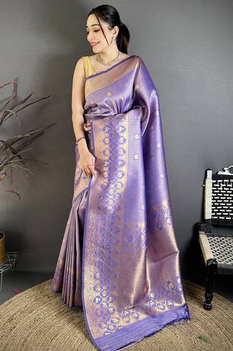 Women lavender checked & floral motifs banarasi soft silk saree