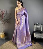 Women lavender checked & floral motifs banarasi soft silk saree