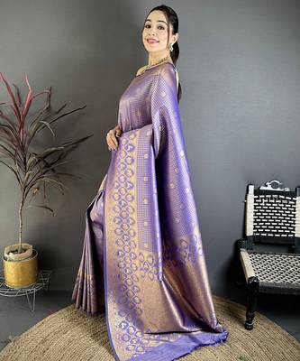 Women lavender checked & floral motifs banarasi soft silk blend saree 2