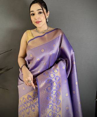 Women lavender checked & floral motifs banarasi soft silk blend saree 3