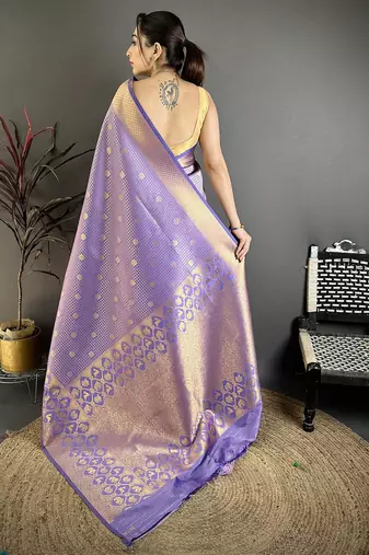 Women lavender checked & floral motifs banarasi soft silk saree