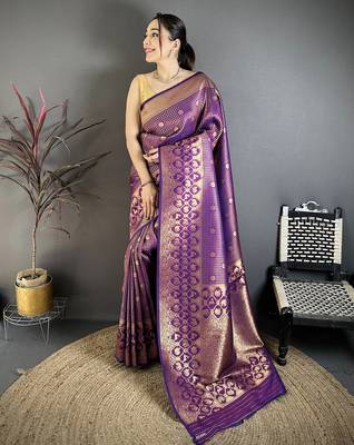 Women purple  checked & floral motifs banarasi soft silk blend saree 1