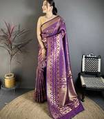 Women purple   checked & floral motifs banarasi soft silk saree