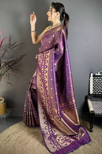 Women purple   checked & floral motifs banarasi soft silk saree
