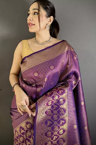 Women purple   checked & floral motifs banarasi soft silk saree