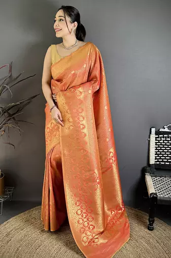 Women peach checked & floral motifs banarasi soft silk saree