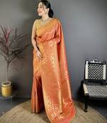 Women peach checked & floral motifs banarasi soft silk saree