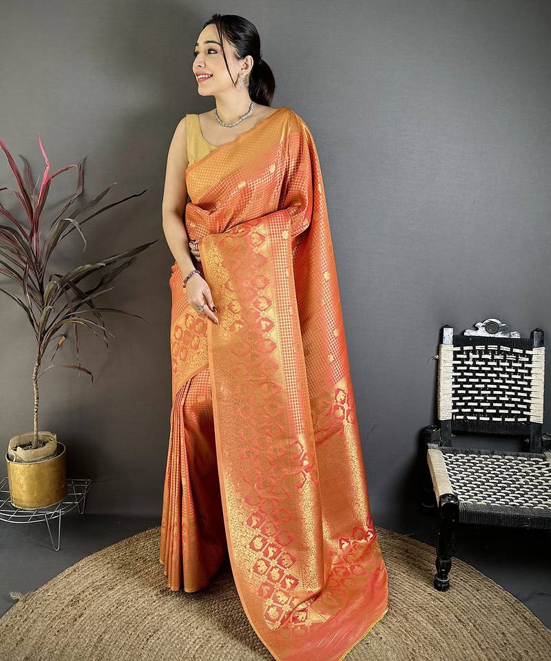 Women peach checked & floral motifs banarasi soft silk saree