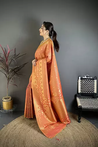 Women peach checked & floral motifs banarasi soft silk saree