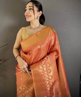 Women peach checked & floral motifs banarasi soft silk blend saree 3