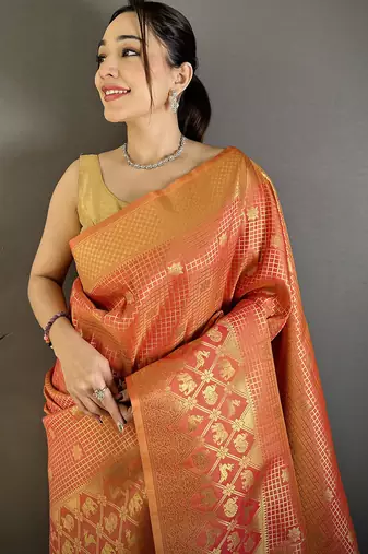 Women peach checked & floral motifs banarasi soft silk saree