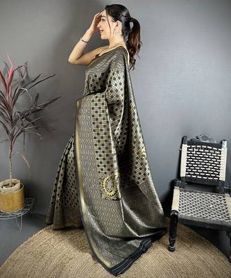 Women black   geometric woven design soft silk saree 2