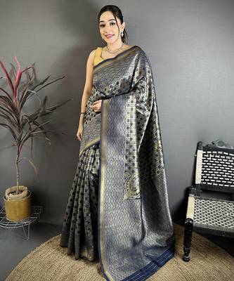 Women blue geometric woven design soft silk saree 1