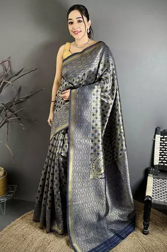 Women blue geometric woven design soft silk saree
