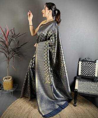 Women blue geometric woven design soft silk saree 2
