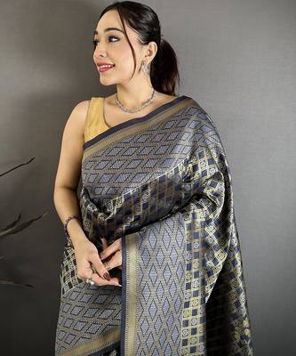 Women blue geometric woven design soft silk saree 3