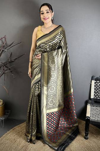 Women black with golden geometric pattern soft silk saree