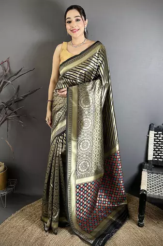 Women black with golden geometric pattern soft silk saree