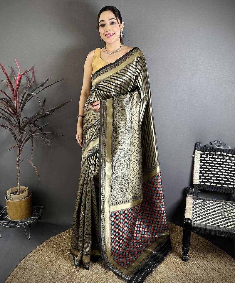Women black with golden geometric pattern soft silk saree