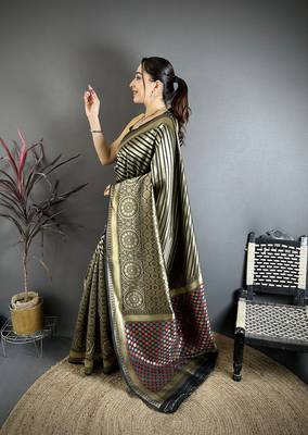 Women black with golden geometric pattern soft silk saree 2