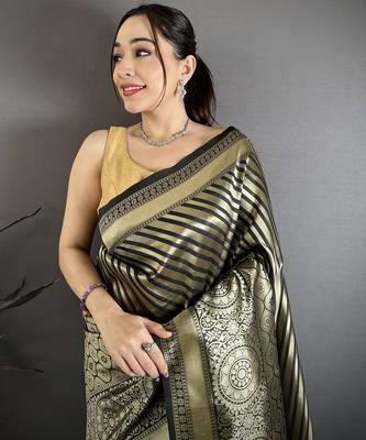 Women black with golden geometric pattern soft silk saree 3