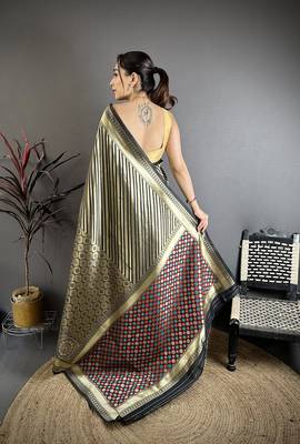 Women black with golden geometric pattern soft silk saree 4