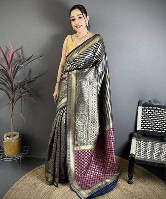 Women blue with golden geometric pattern soft silk saree 1