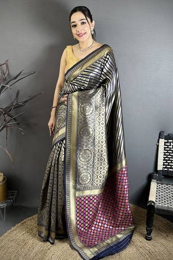Women blue with golden geometric pattern soft silk saree