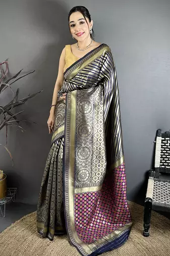 Women blue with golden geometric pattern soft silk saree