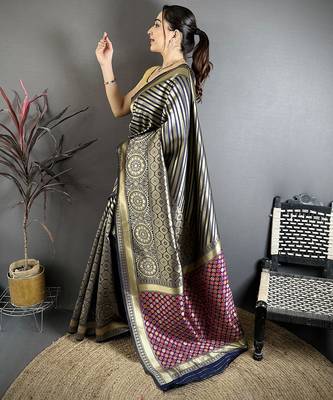 Women blue with golden geometric pattern soft silk saree 2