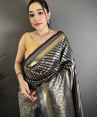 Women blue with golden geometric pattern soft silk saree 3