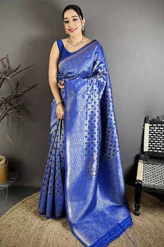 Women royal blue geometric woven design soft silk saree