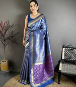 Women navy blue geometric pattern soft silk saree