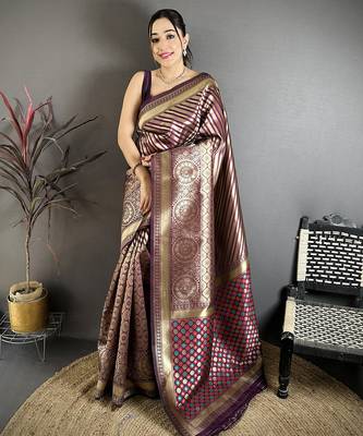 Women wine   geometric pattern soft silk saree 1