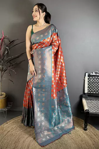 Women burnt orange   floral design  with  copper motifs tissue silk saree