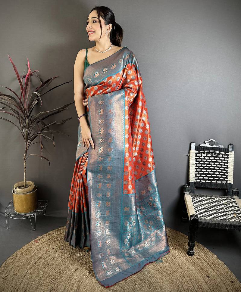 Women burnt orange   floral design  with  copper motifs tissue silk saree