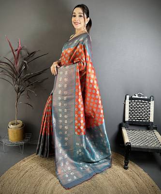 Women burnt orange  floral design with copper motifs tissue silk blend saree 2